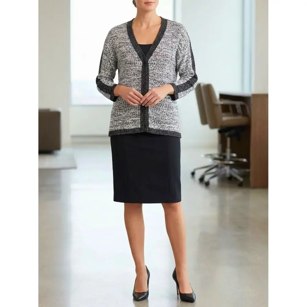 JM COLLECTION Black White Boucle Metallic Cardigan Sweater Size M